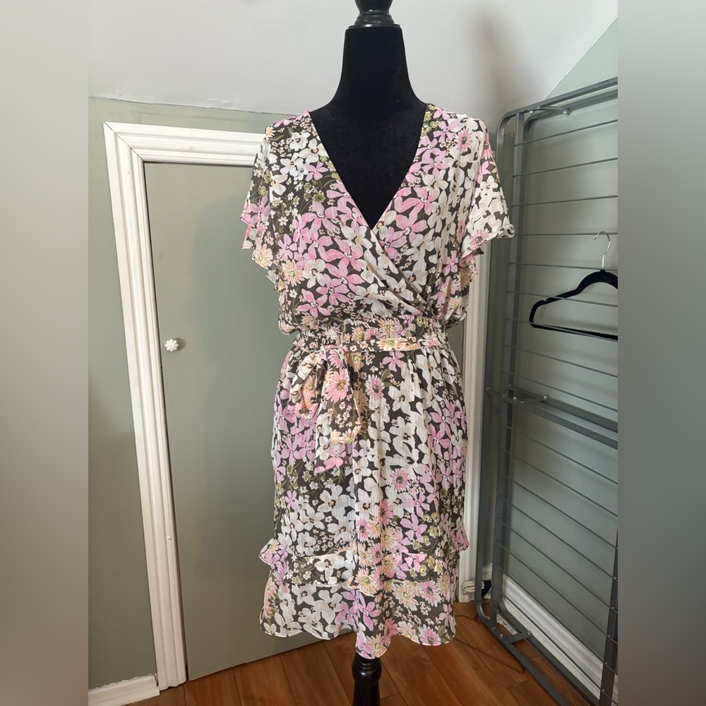 Only Pink and Green Flutter Sleeve Wrap Midi Dress